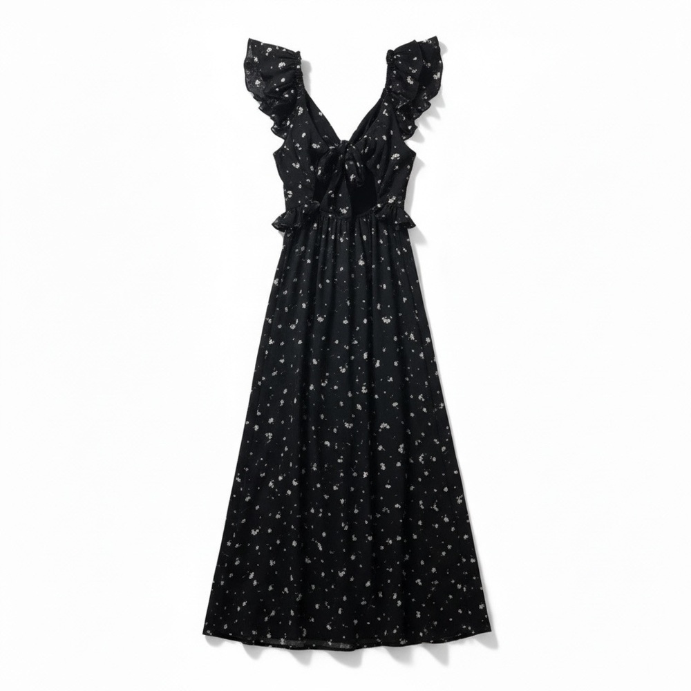 Koko + Mason Black Floral Open Back Whimsigoth Dark Romantic Maxi Dress L NWT - Picture 6 of 9